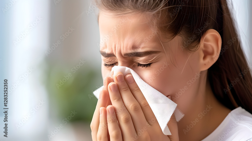 young woman is experiencing discomfort, possibly due to allergies, as she wipes her nose with tissue. Her expression shows distress, highlighting impact of allergens young woman is experiencing discomfort, possibly due to allergies, as she wipes her nose with tissue. Her expression shows distress, highlighting impact of allergens