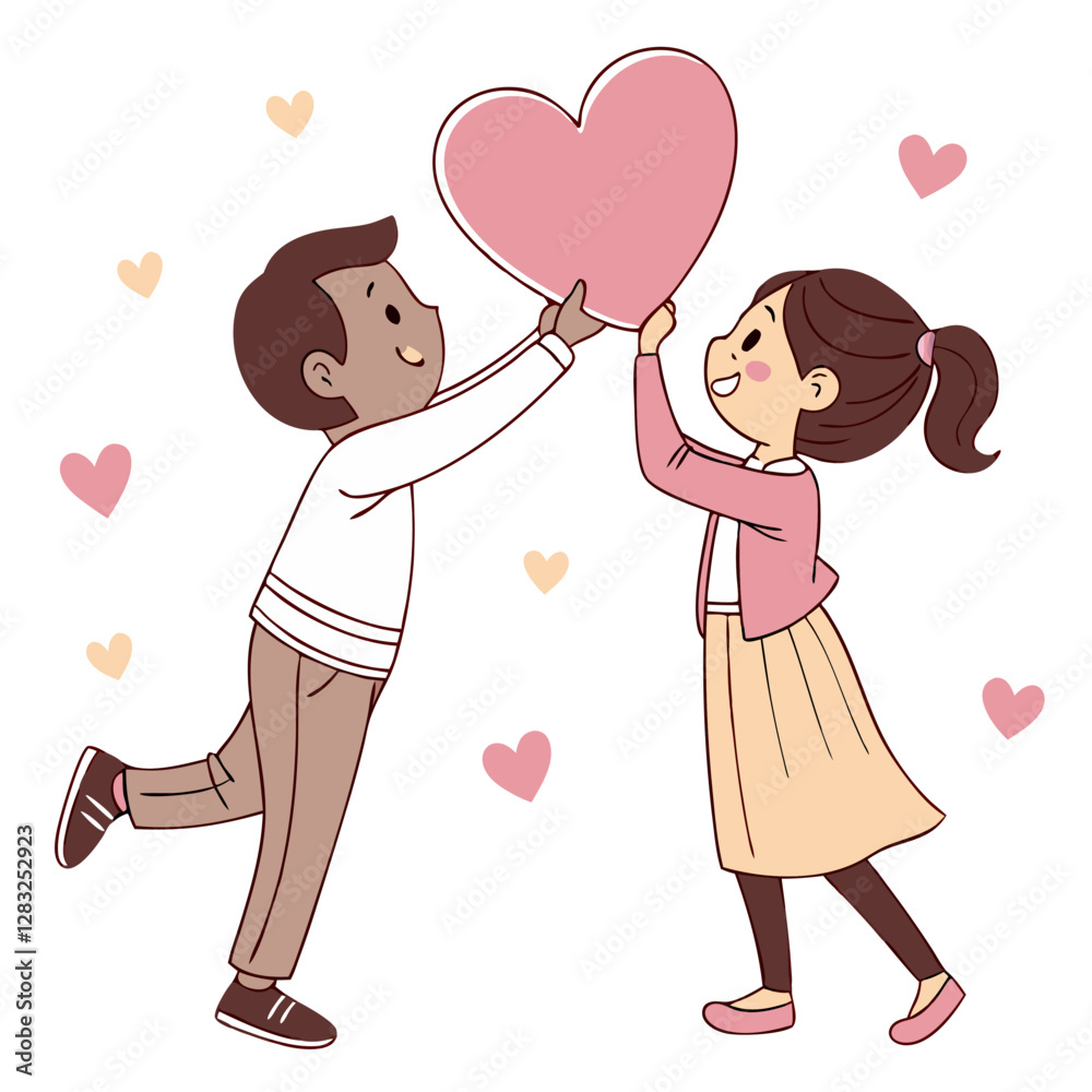 A joyful couple is playfully holding a large pink heart. They share smiles, surrounded by small pink hearts, creating a charming romantic atmosphere A joyful couple is playfully holding a large pink heart. They share smiles, surrounded by small pink hearts, creating a charming romantic atmosphere