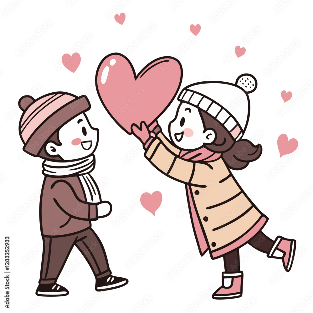 Lovers happily engage in a playful exchange of a large pink heart. They are dressed warmly for winter, surrounded by cheerful hearts, creating a charming romantic atmosphere