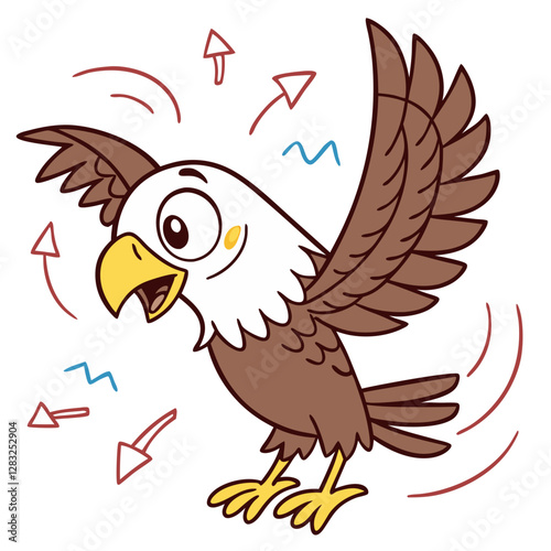 A cartoon eagle expresses excitement with its wings outstretched and cheerful movements. Vibrant lines suggest direction, enhancing its energetic demeanor in a lively setting