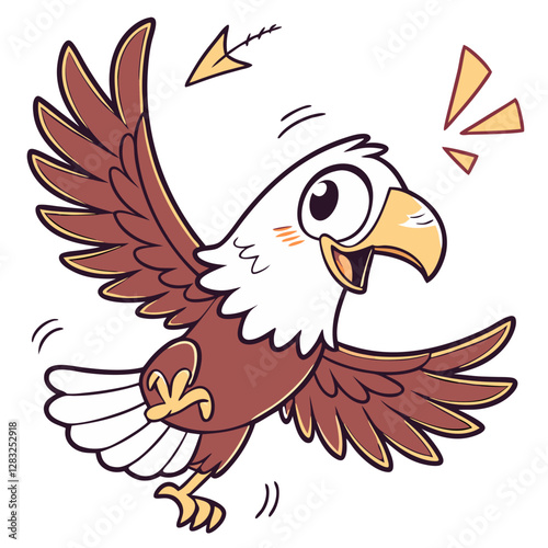 A cartoon eagle is excitedly flapping its wings, making directional movements. Its expressions show happiness and energy as it engages in playful actions, surrounded by a colorful background