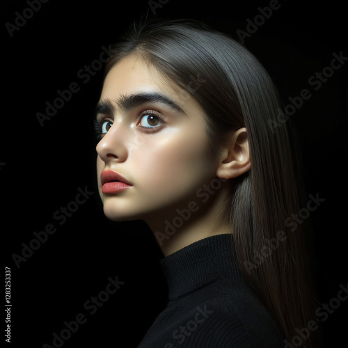 A close-up portrait of a serious young woman in a dramatic light, with a dark background emphasizing her striking features and intense gaze.