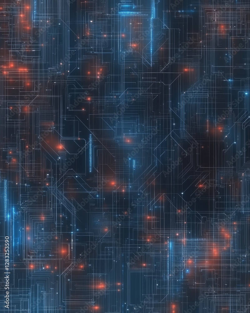 Obraz premium A vibrant digital background featuring intricate lines and glowing elements in blue and orange, evoking a high-tech, futuristic vibe.
