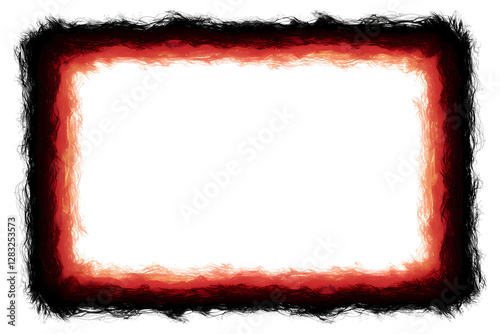 Rectangular frame fiery border red and black gradient, glowing edges wispy texture minimalist design atmospheric boundary dark outer frame.
