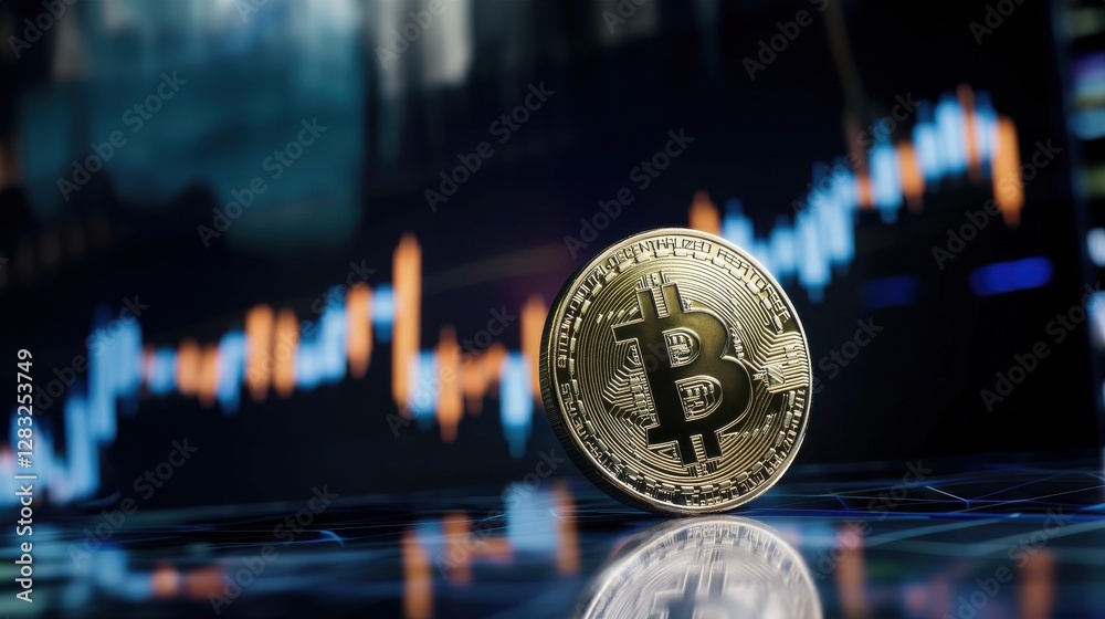 Fototapeta premium A Bitcoin coin with a stock market chart in the background, representing cryptocurrency trends, an investment chart, finance chart