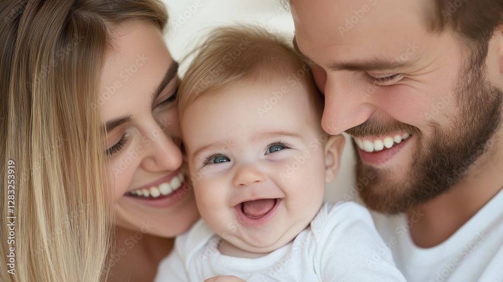 Close-up portrait of a young family of three - a man, a woman, and a baby. the baby is smiling and looking up at the camera with a big smile on its face. Close-up portrait of a young family of three - a man, a woman, and a baby. the baby is smiling and looking up at the camera with a big smile on its face.
