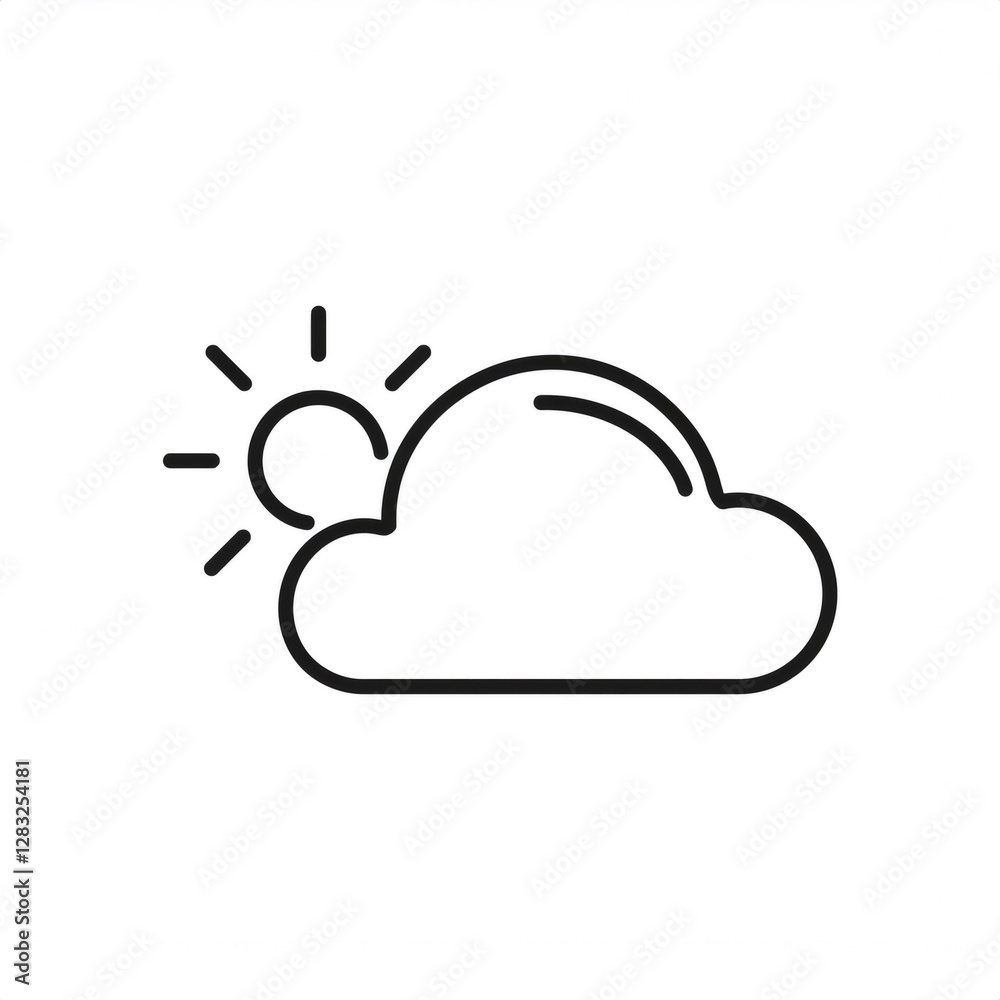 Minimalist line art icon of sun partially covered by cloud, symbolizing partly cloudy weather Minimalist line art icon of sun partially covered by cloud, symbolizing partly cloudy weather