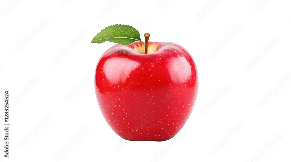 Closeup of a fresh, ripe red apple with green leaf, healthy and delicious treat Closeup of a fresh, ripe red apple with green leaf, healthy and delicious treat