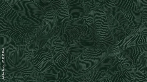Illustration of plant drawing that shows leaves seamless pattern with dominant dark green background