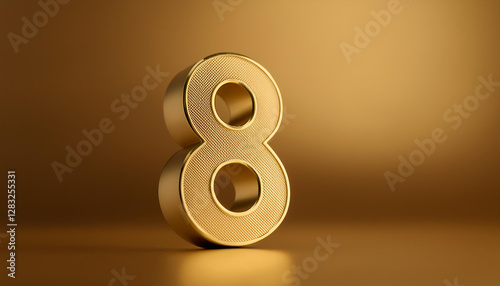 Golden number 8 eight on golden background with gradient and copy space. 3D rendering.