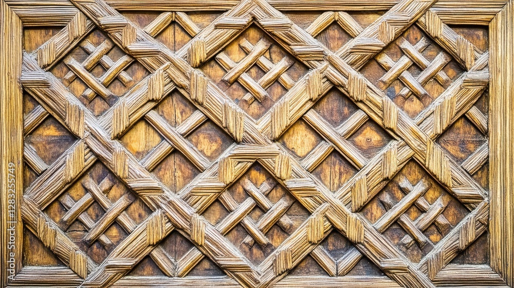 Fototapeta premium Intricate Carved Wooden Panel with Geometric Patterns and Texture