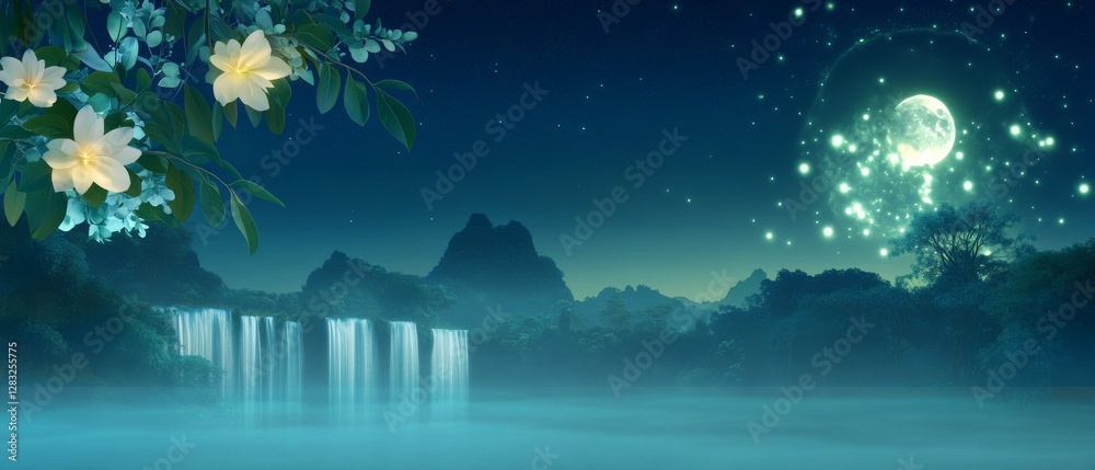 A serene landscape featuring cascading waterfalls, misty waters, blooming flowers, and a glowing moon amidst a starry night sky. A serene landscape featuring cascading waterfalls, misty waters, blooming flowers, and a glowing moon amidst a starry night sky.