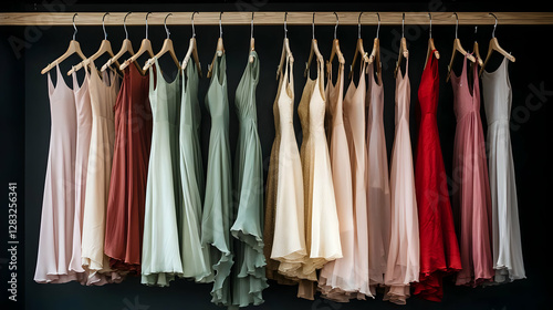 Array Of Multi Colored Dresses Hanging On Wooden Rack Against Dark Wall In Studio