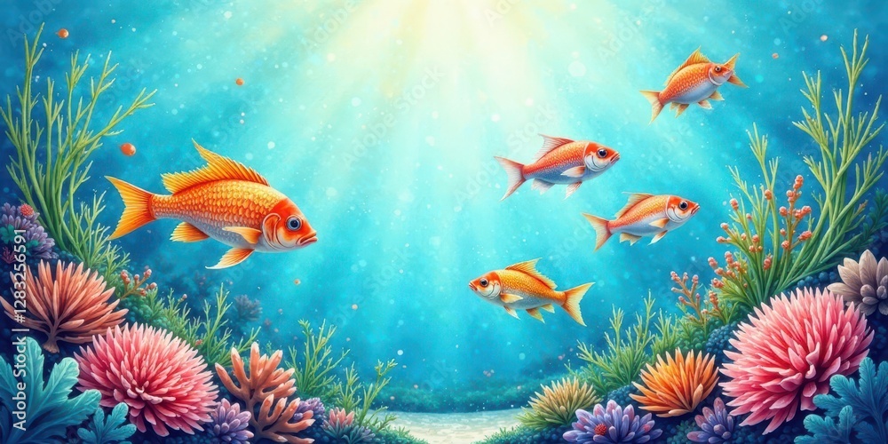 Naklejka premium Submarine Idyll Vibrant Coral Reef with School of Orange Fish Illuminated by Sunbeams