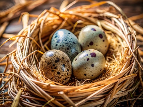 Spring's arrival: five speckled bird eggs in a straw nest, a captivating nature image. photo