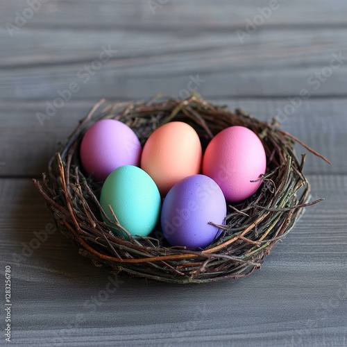 Colorful Easter Eggs in a Nest on Wooden Tabletop