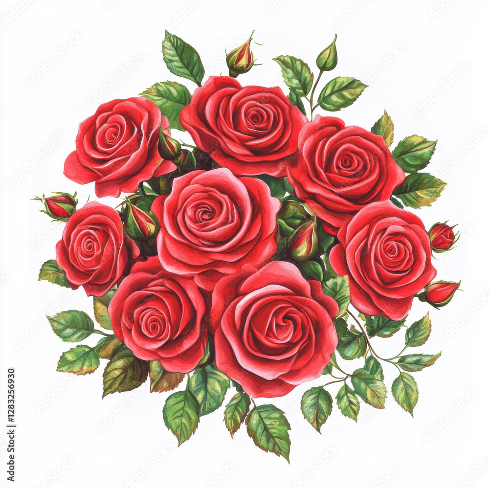 Obraz premium Beautiful bouquet of red roses with green leaves and buds, symbolizing love and passion