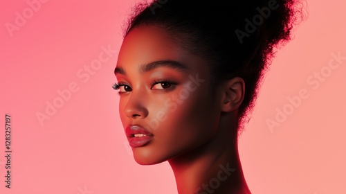 Close-up portrait of a young african-american woman's face. she has dark skin and her hair is styled in an updo with loose curls framing her face.