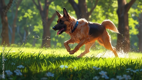 A dog is running through a field of grass
