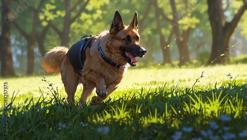A dog is running through a field of grass