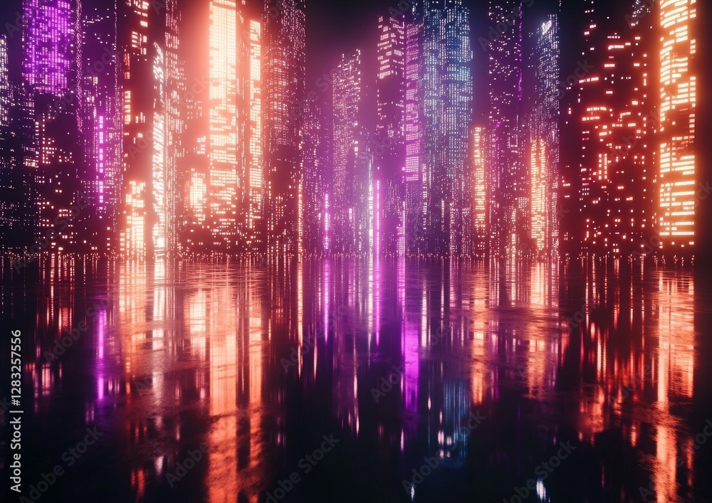 Fototapeta premium A vibrant, futuristic cityscape illuminated by colorful lights, reflected in a glossy surface, creating a mesmerizing and immersive digital atmosphere.