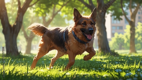 A dog is running in a park with trees in the background