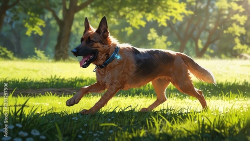 A dog is running in a field with a blue collar