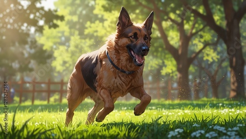 A dog is running in a grassy field with a blue collar