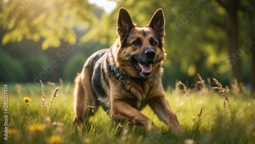 A large German Shepherd dog is running through a field of grass