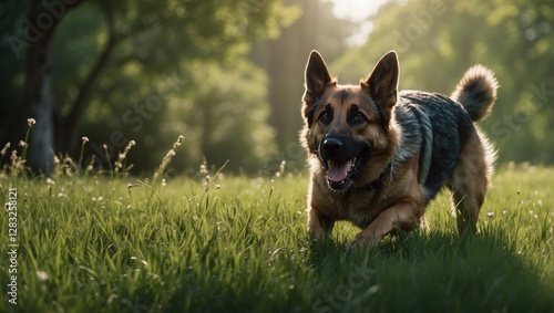 A German Shepherd dog is running through a field of grass