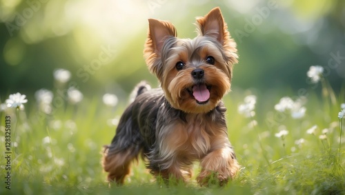 A small dog is running through a field of flowers