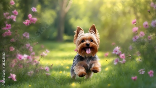 A small dog is running through a field of flowers