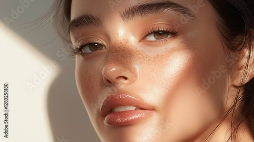 Close-up portrait of a young woman's face. she has fair skin and freckles on her face, and her eyes are looking directly at the camera.