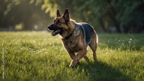 A large German shepherd dog is running through a grassy field