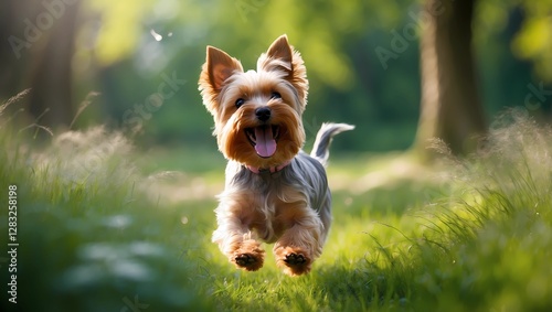 A small dog is running through a field of grass
