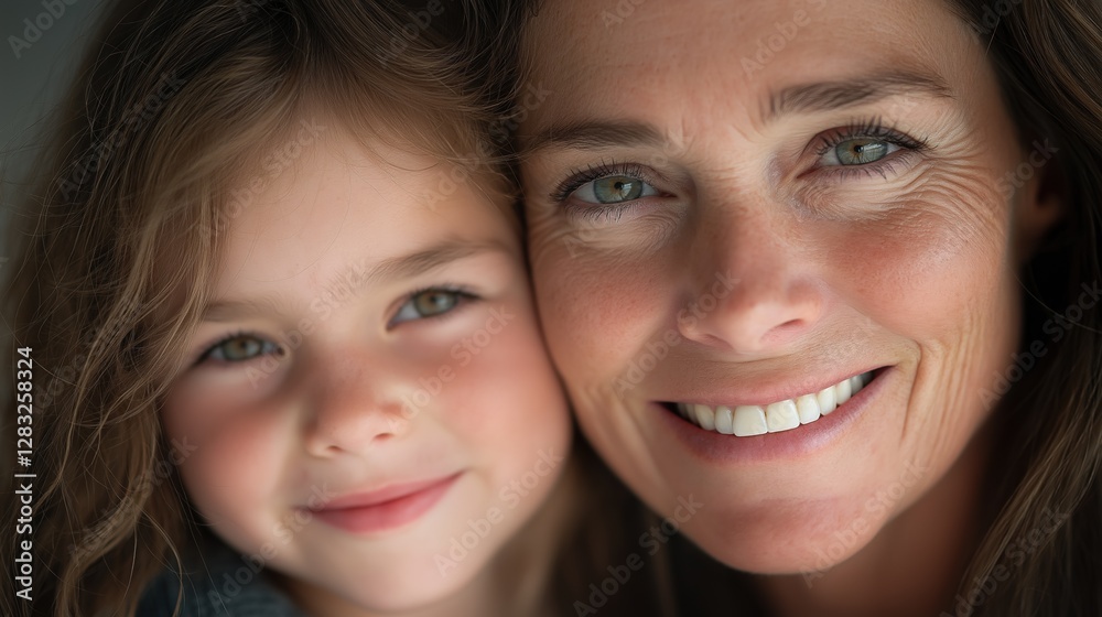 Close-up portrait of a mother and daughter. the mother is on the right side of the image, with her head resting on the daughter's shoulder. Close-up portrait of a mother and daughter. the mother is on the right side of the image, with her head resting on the daughter's shoulder.