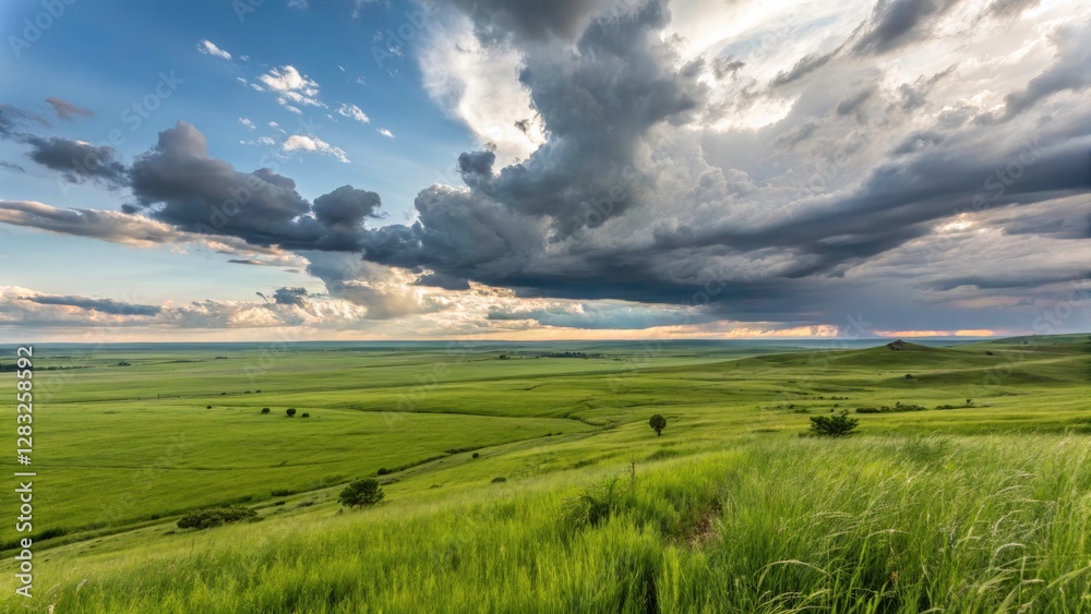 Stunning Flat Grassland Landscape with Cloudy Sky, Lush Greenery, Nature's Serenity, Scenic Views, Peaceful Horizon, Open Fields, Atmospheric Cloud Cover, Ideal for Outdoor Photography Stunning Flat Grassland Landscape with Cloudy Sky, Lush Greenery, Nature's Serenity, Scenic Views, Peaceful Horizon, Open Fields, Atmospheric Cloud Cover, Ideal for Outdoor Photography