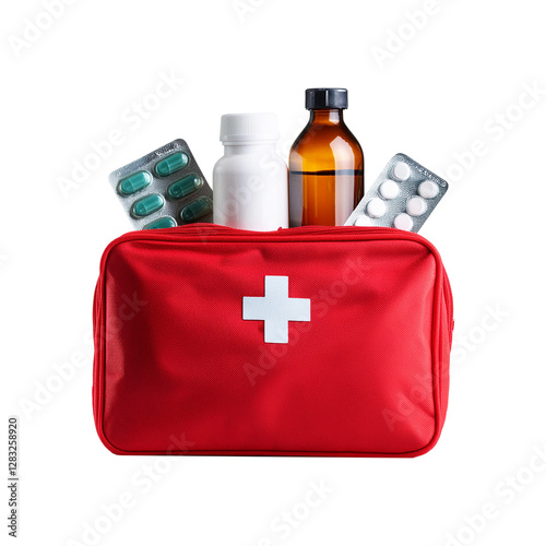 Red first aid kit with medicine on transparent background
