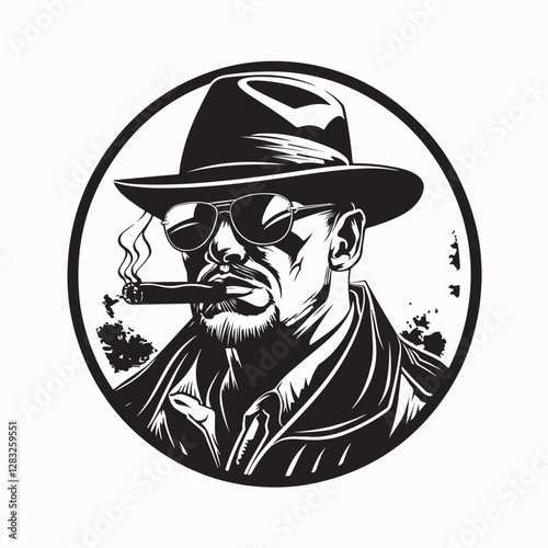 Mafia boss with cigar in black and white vector image on white background.