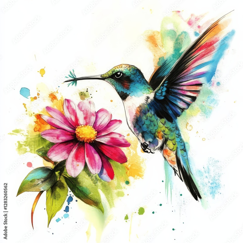 Obraz premium Hummingbird and Flower: A vibrant watercolor painting capturing the delicate dance between a hummingbird and a colorful flower, a testament to nature's artistry.
