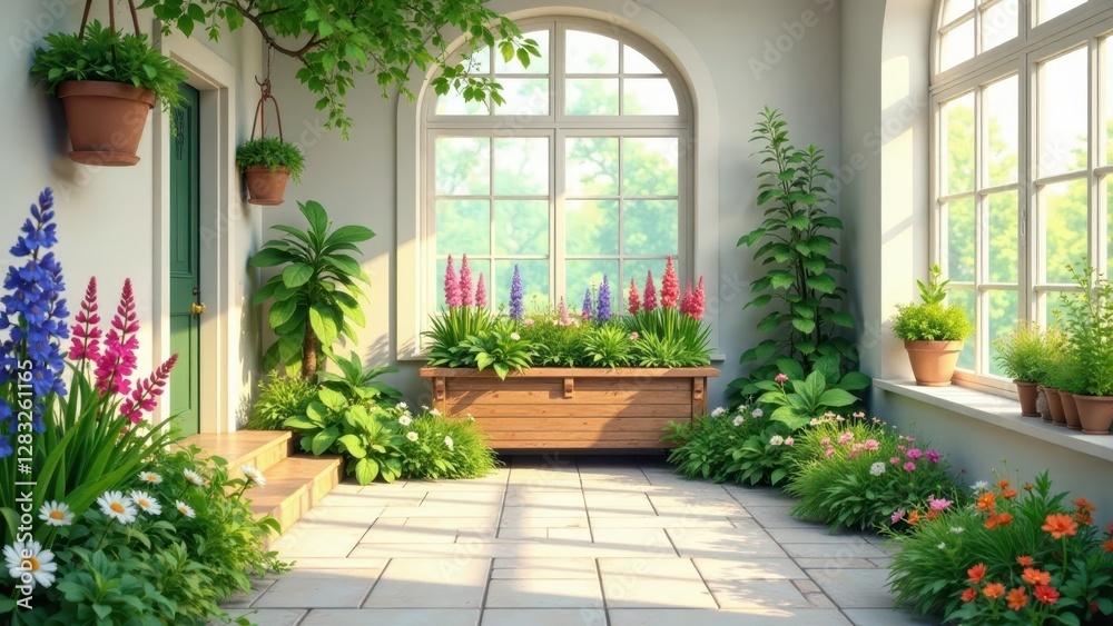 Fototapeta premium Sunlit Conservatory with Blooming Flowers and Lush Greenery in Wooden Planter Box