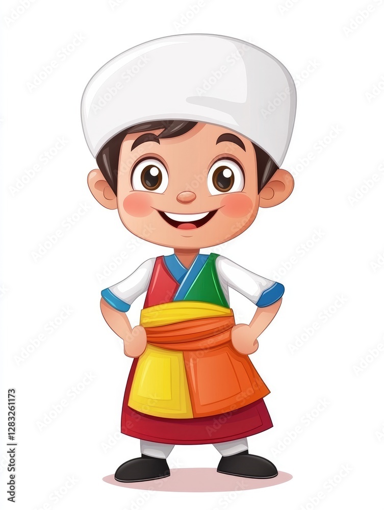 A smiling cartoon boy wearing traditional clothing stands confidently A smiling cartoon boy wearing traditional clothing stands confidently
