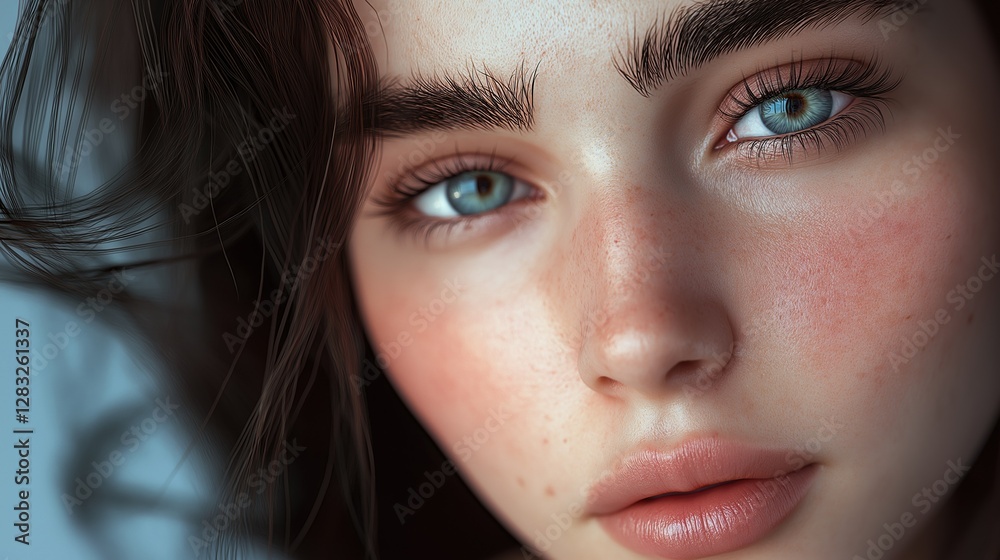 Close-up portrait of a young woman's face. she has fair skin and blue eyes, and her hair is styled in loose waves. her expression is serious and her eyes are looking directly at the camera. Close-up portrait of a young woman's face. she has fair skin and blue eyes, and her hair is styled in loose waves. her expression is serious and her eyes are looking directly at the camera.