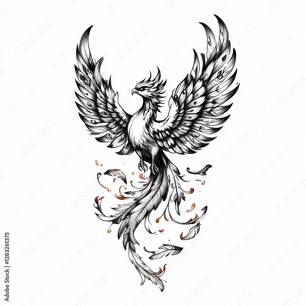 Obraz premium Phoenix Illustration: A majestic phoenix rises from ashes in a detailed illustration, its wings spread wide in a display of rebirth, transformation, and renewal. This artwork embodies strength.
