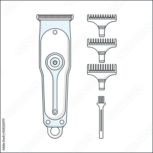 Icon of hair clippers and accessories set, including a main clipper unit, three clipper guards of varying sizes, and a cleaning brush, perfect for versatile grooming and precise haircuts.