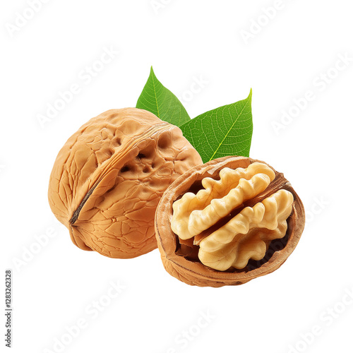 Walnut with leaf on transparent background