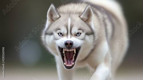 A husky dog with bared teeth, displaying aggressive, intimidating behavior, in a blurred background.