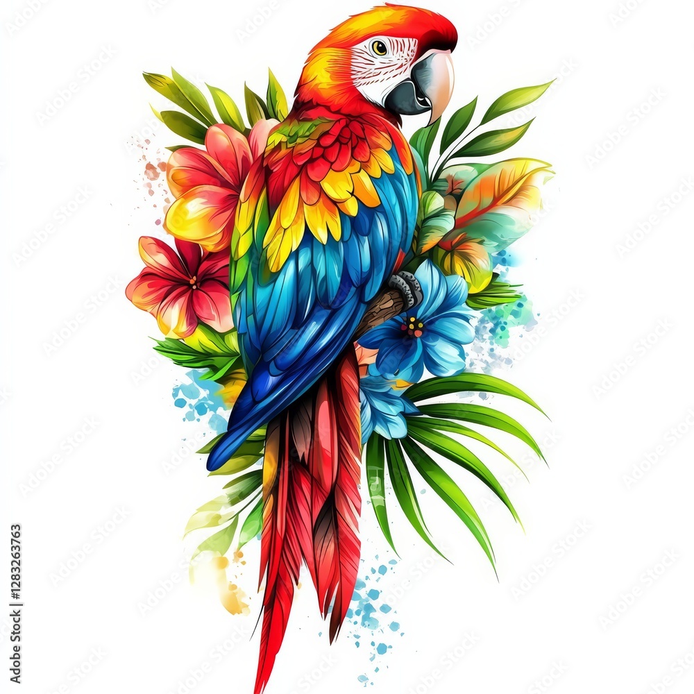 Fototapeta premium Vibrant Parrot with Flowers: A stunning, colorful parrot perches gracefully amidst a collection of exotic flowers, its feathers a riot of vivid hues.