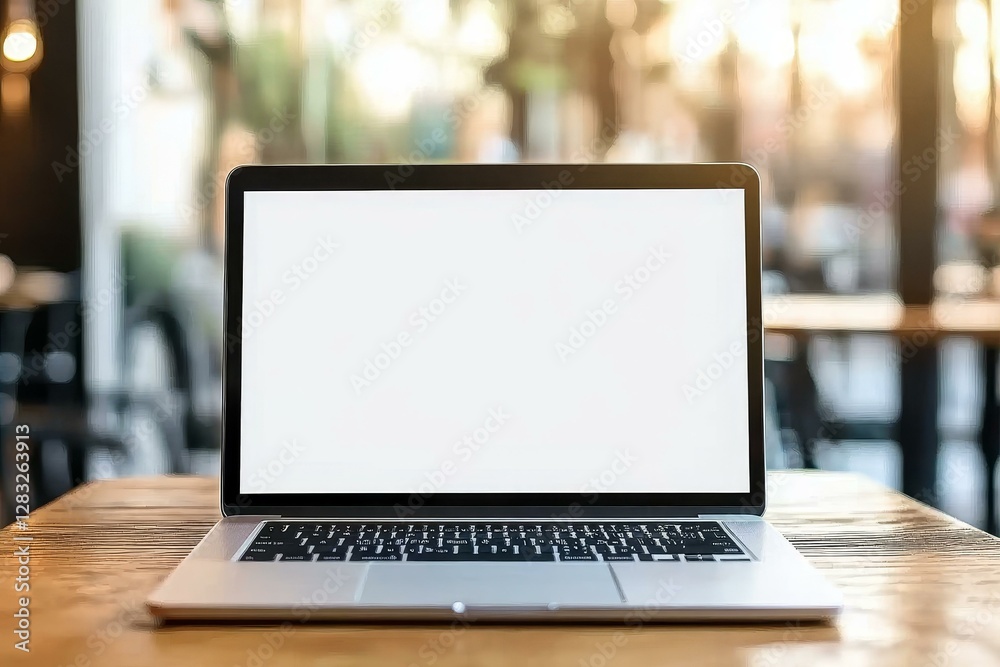 Fototapeta premium Laptop on Wooden Table in Cafe Setting