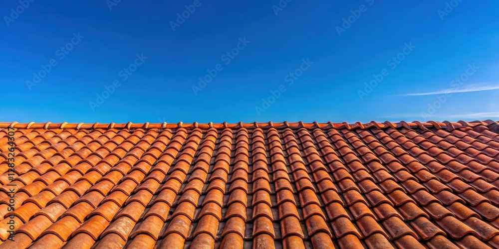 Weathered red tile roof under midday sunlight on blue sky background, tile roof, midday sun Weathered red tile roof under midday sunlight on blue sky background, tile roof, midday sun